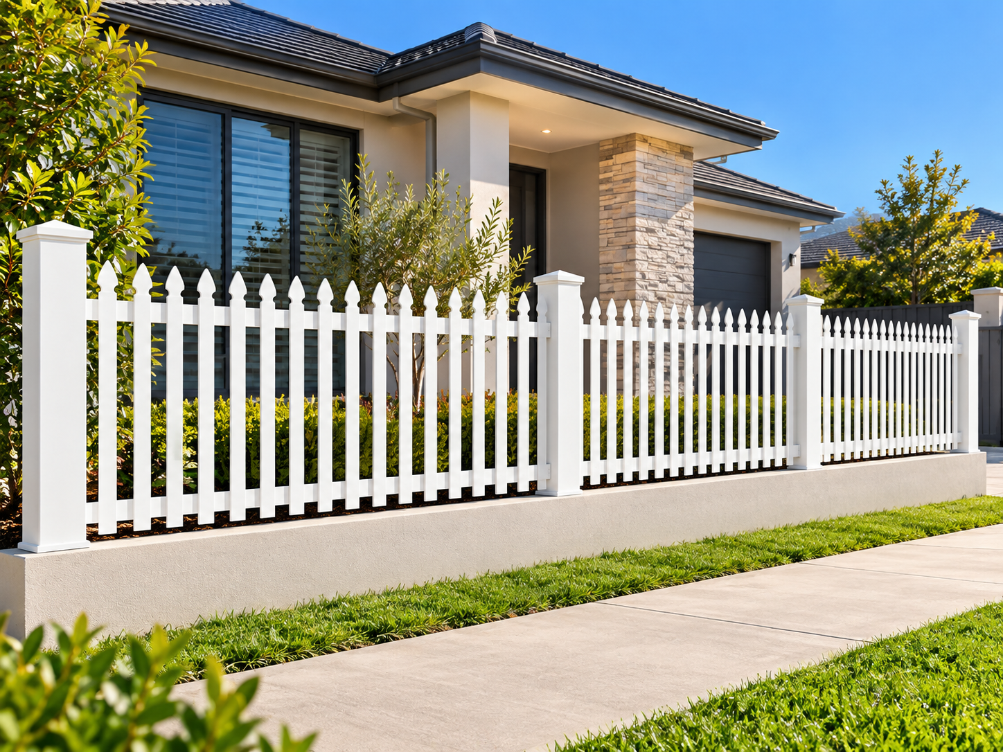 Modern Suburban Home with White Picket Fence